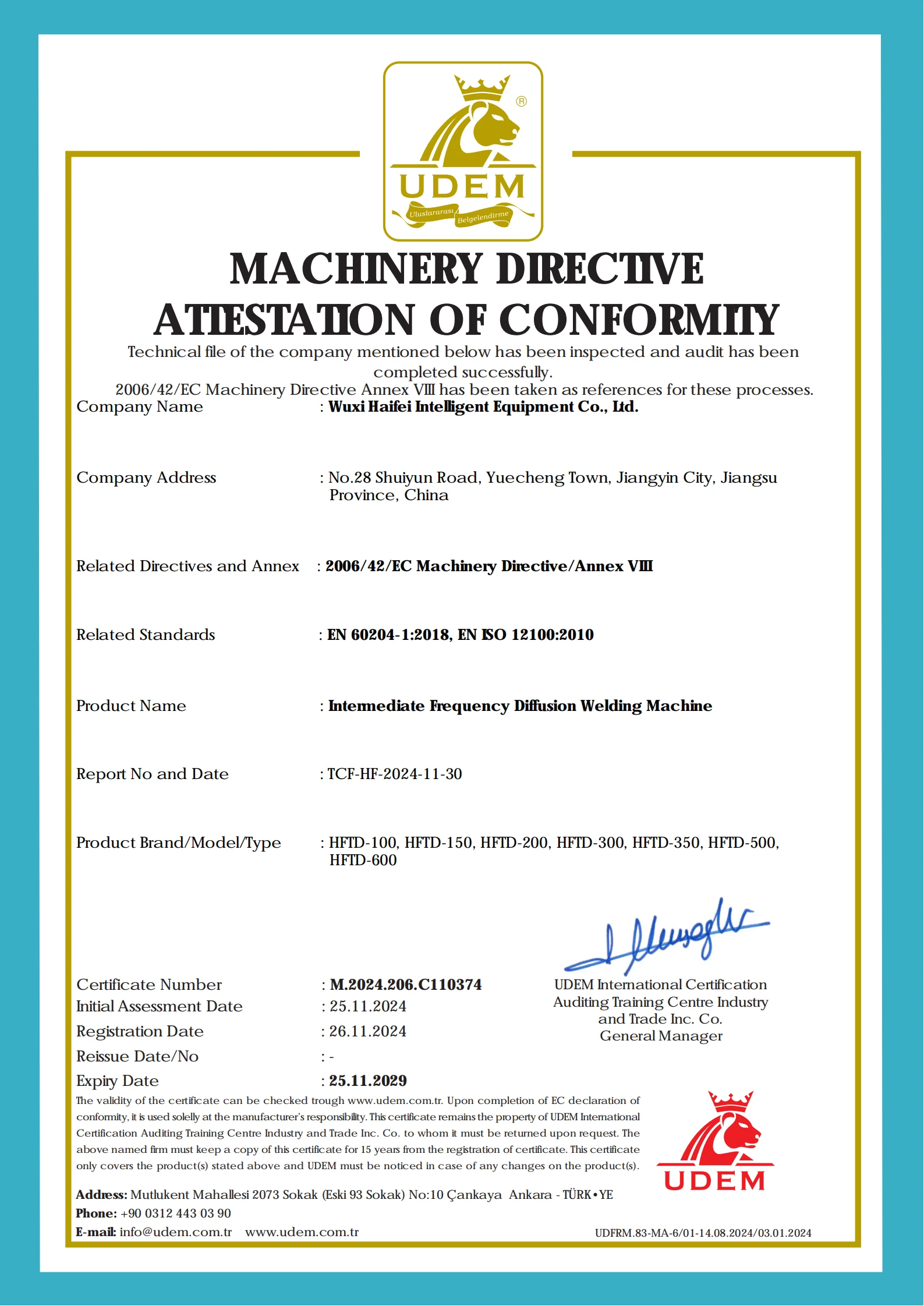 CE Certificate - Diffusion Welding Machine